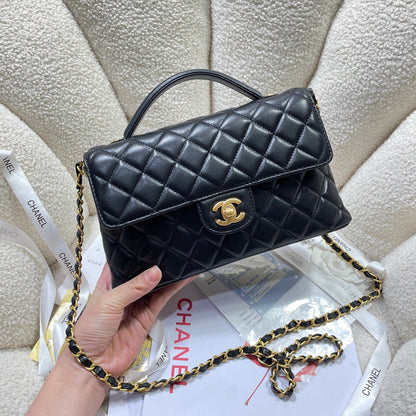 CC 25P Medium Flap Bag 25cm Top Handle Black Calfskin Gold Hardware