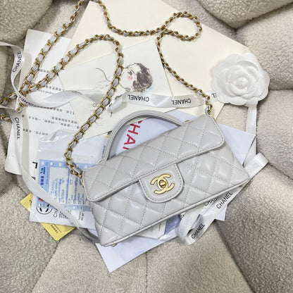CC 25P Mini Flap Bag 22cm Top Handle Grey Calfskin Gold Hardware