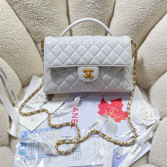 CC 25P Medium Flap Bag 25cm Top Handle Grey Calfskin Gold Hardware