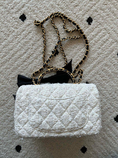 Chanel 2026 Flap Bag White Tweed Leather