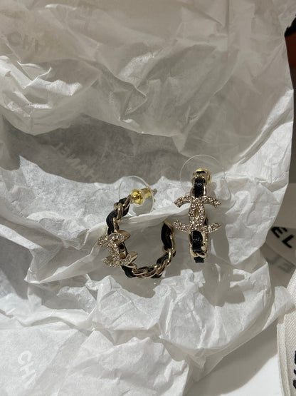 CC Half Circle Gold Black Leather Earrings