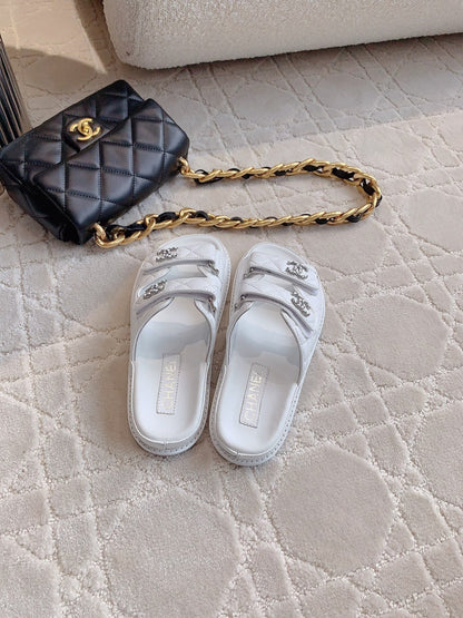 dad sandal mule white lambskin silver buckle