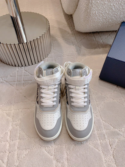 CD B27 High-Top Sneaker White Grey Print Calfskin And Oblique Jacquard Fabric