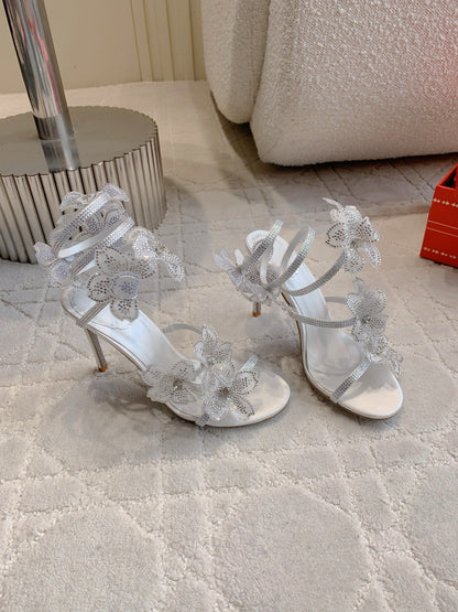 RC Flower Sandals Silver Sheepskin Rhinestones 328468
