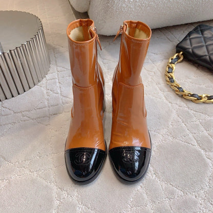 CC 25 Heeled Short Boot Camel Brown mix Black Patent Leather 516678