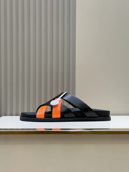 HM Men's Kazimir Slide Black Orange Calfskin 562774