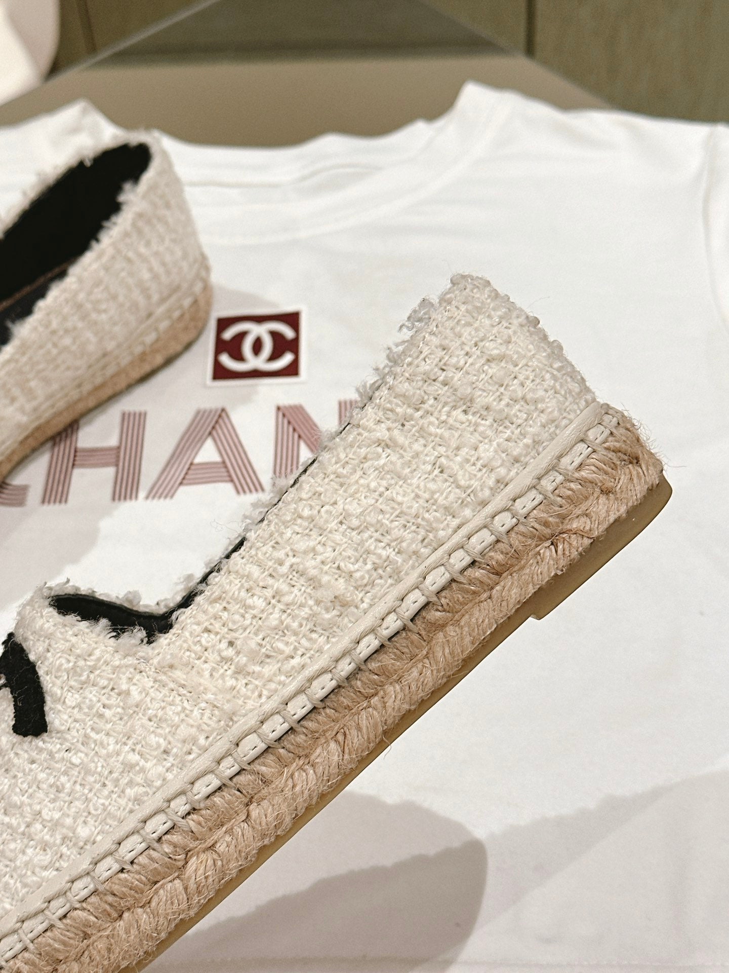 espadrilles white tweed black canvas