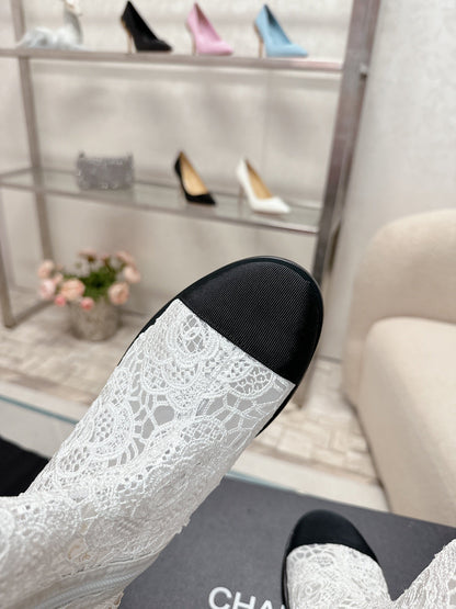 cc boots white lace fabric black grosgrain