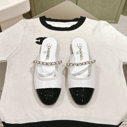 cc mule leather chain white calfskin black patent calfskin