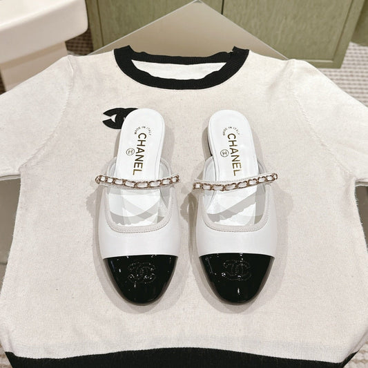 cc mule leather chain white calfskin black patent calfskin