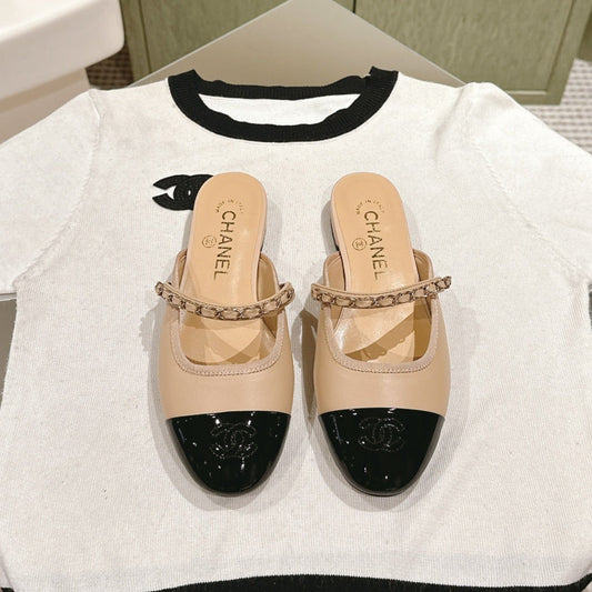 cc mule leather chain beige calfskin black patent calfskin