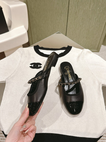 cc mule leather chain black calfskin patent calfskin
