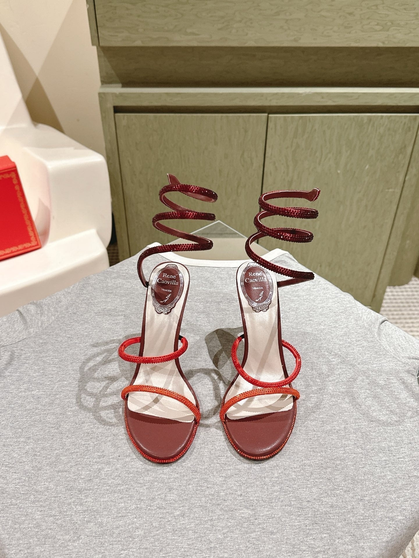 RC 25 Snake-Shaped High-Heeled Sandals Dark Red Silk Rhinestones 268061