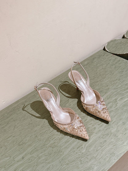 RC 25C Slingback Diamond High Heel 7.5cm Beige Silk Rhinestones 268079