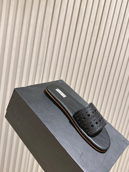 Alaia 2025 Hollow Slippers Black Leather 293653