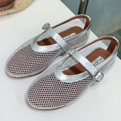 Alaia 25 Laminated Fishnet Ballet Flats Silver Lambskin 677174