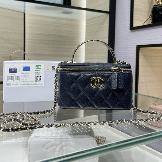 CC 25S Small Vanity 17cm Dark Blue Grained Calfskin Light Gold Hardware