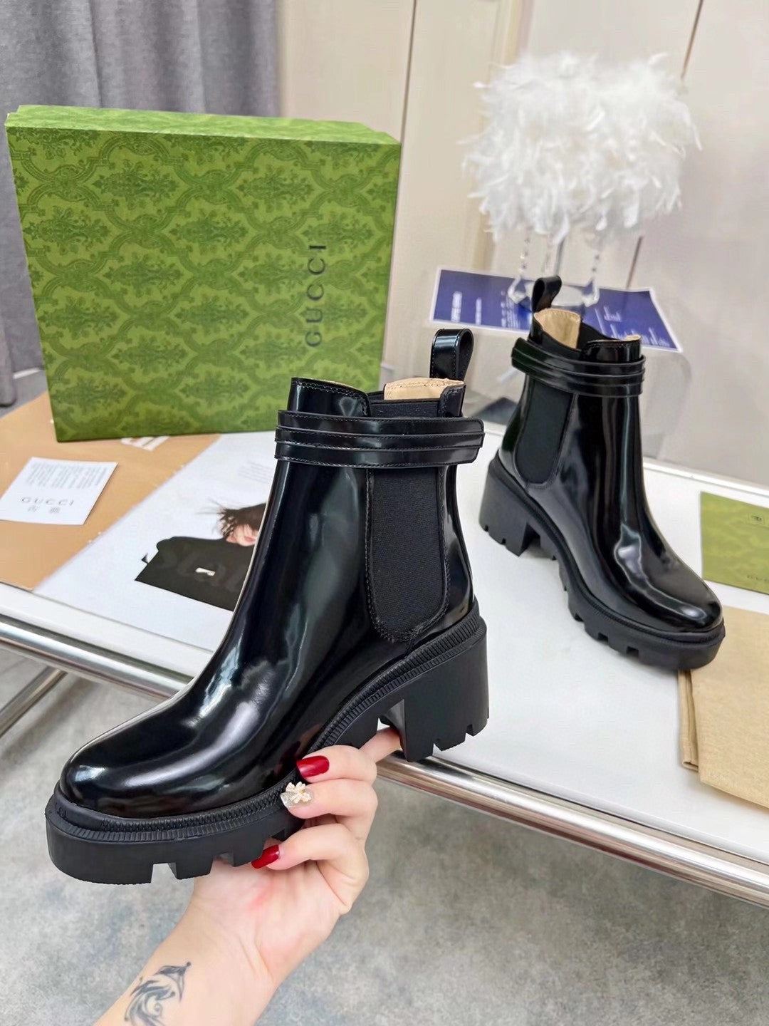 GG ankle boots  black cowhide gold buckle