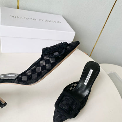 Manolo Mules Latest Checkerboard Black Fabric Leather 528010