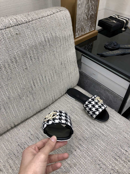 mule sandal black white houndstooth fabric