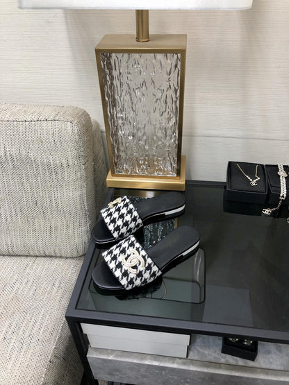 mule sandal black white houndstooth fabric