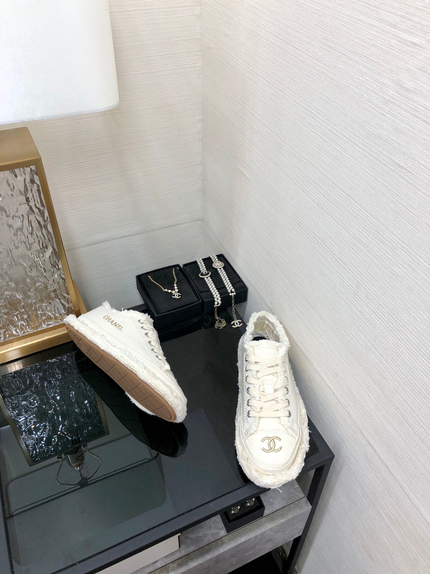 CC Sneaker White Fringe Denim Fabric