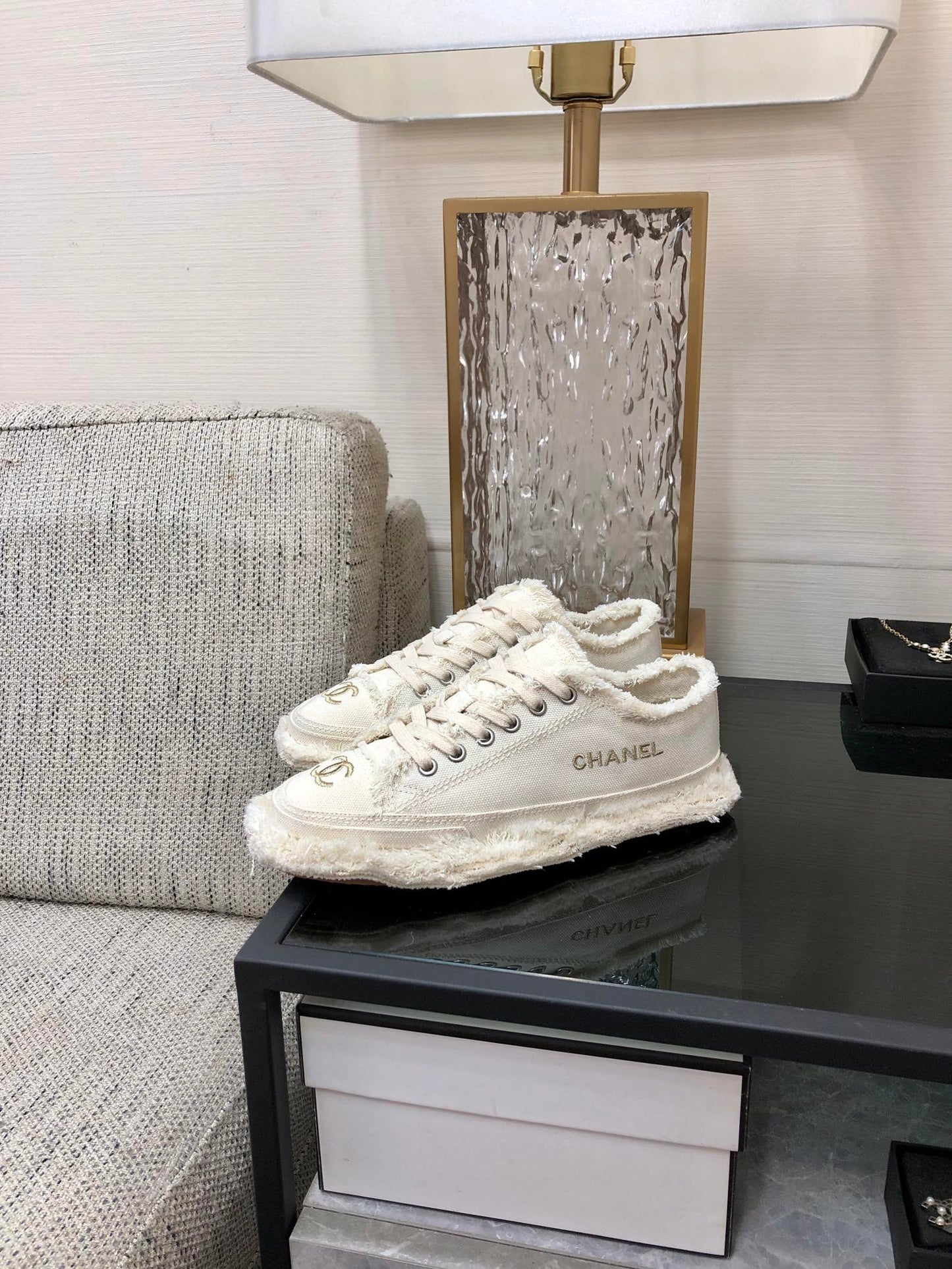 CC Sneaker White Fringe Denim Fabric