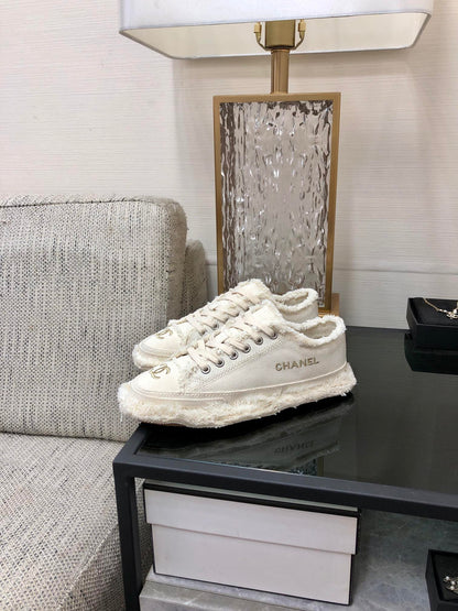 CC Sneaker White Fringe Denim Fabric
