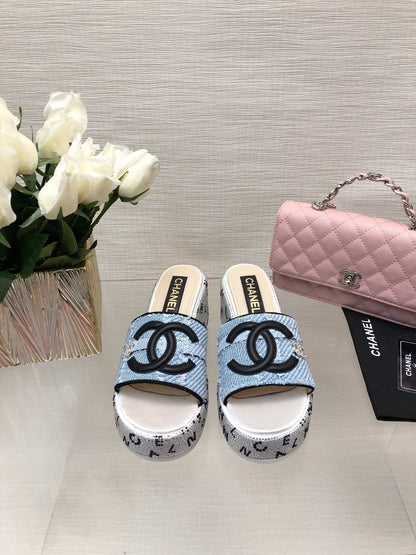 CC 25C Platform Slide Sandals Steed Blue Fabric 213131