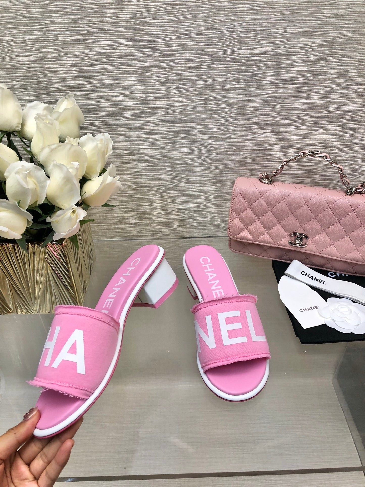 CC 25C Mid Heel Mule Pink Fabric Material 212962