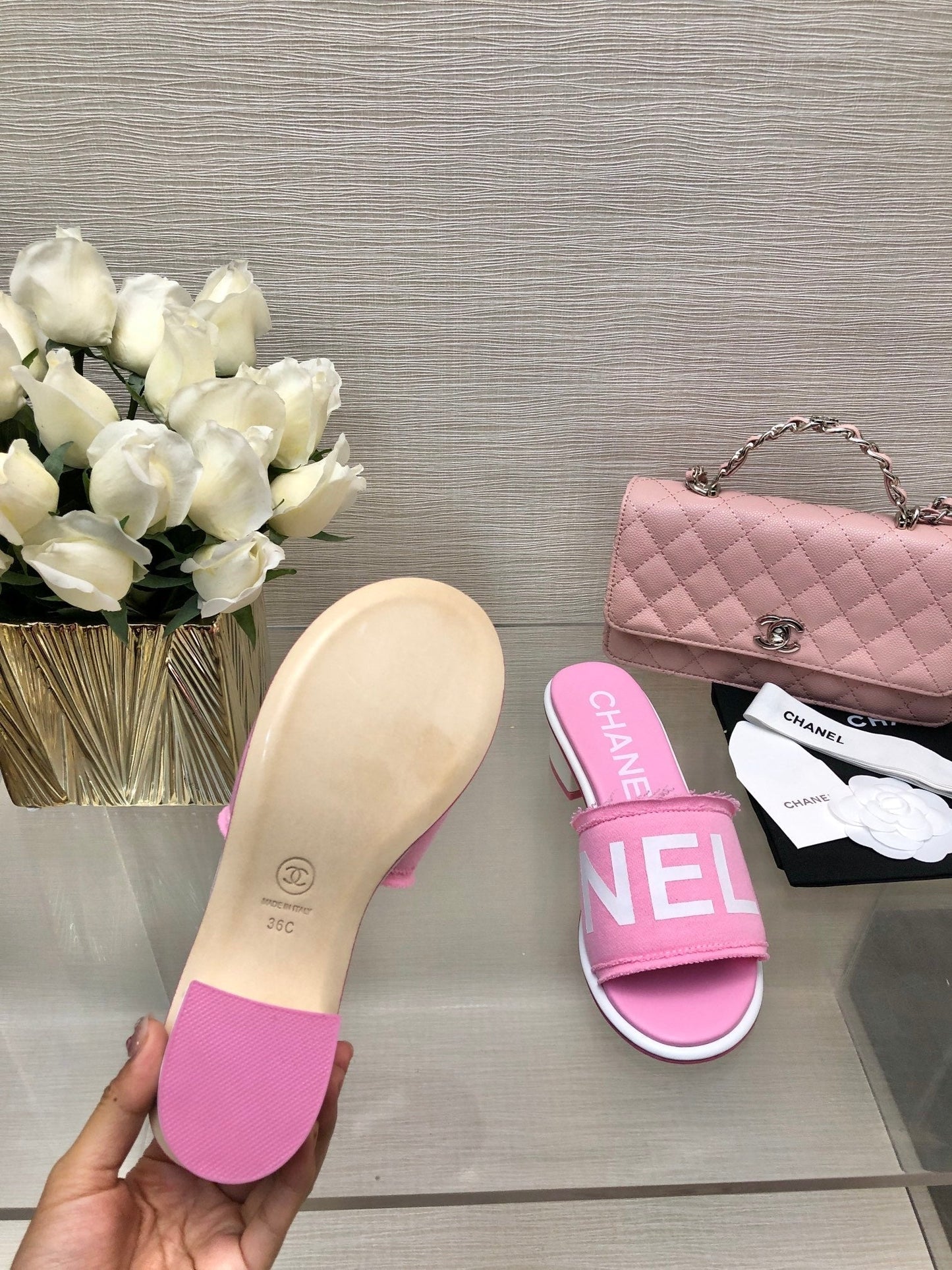 CC 25C Mid Heel Mule Pink Fabric Material 212962