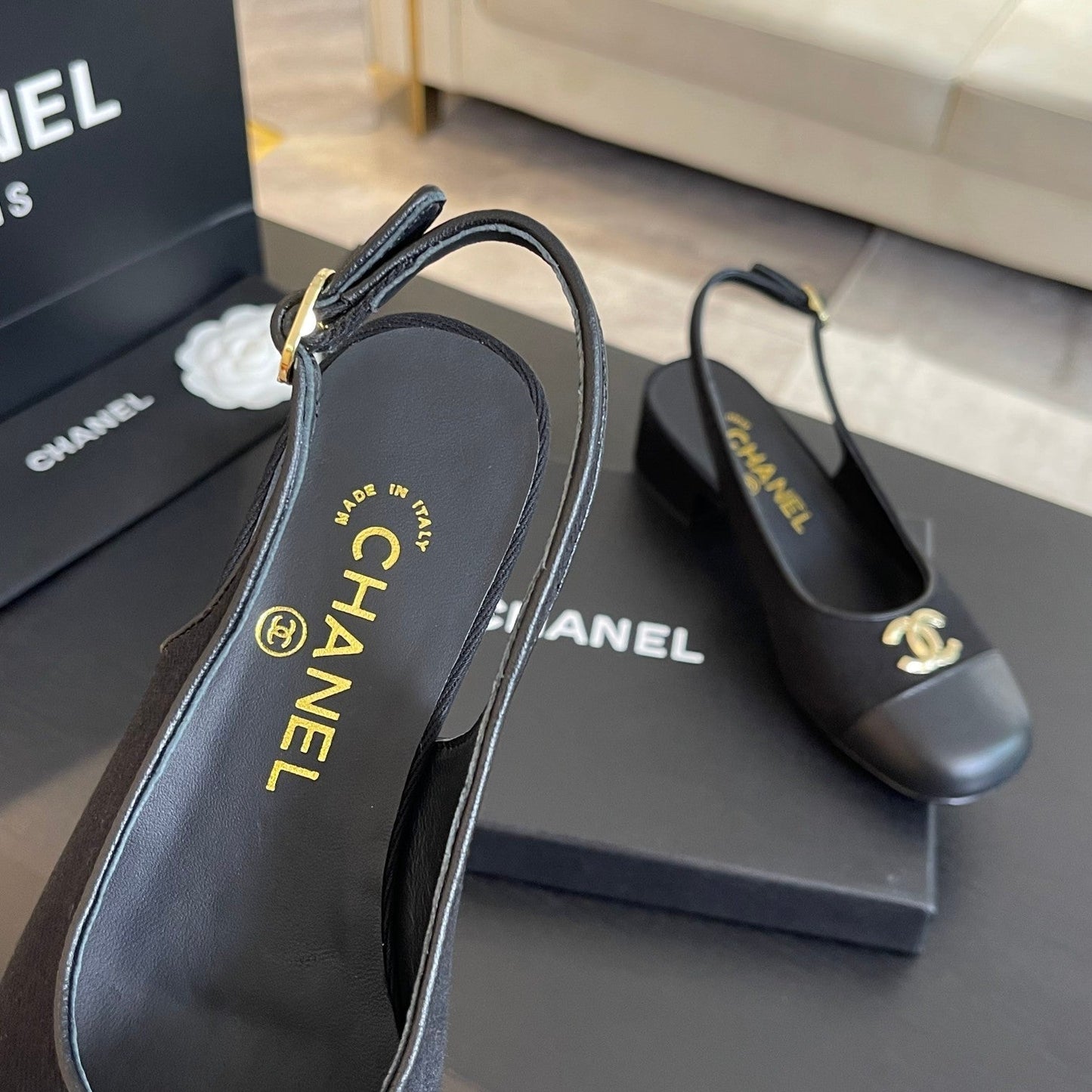 cc slingback 50 black grosgrain calfskin