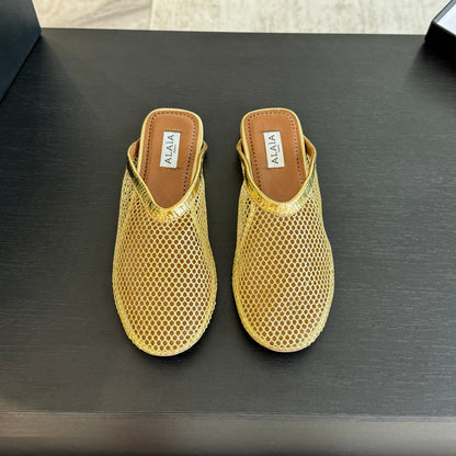 flat mule fishnet gold metalic lambskin