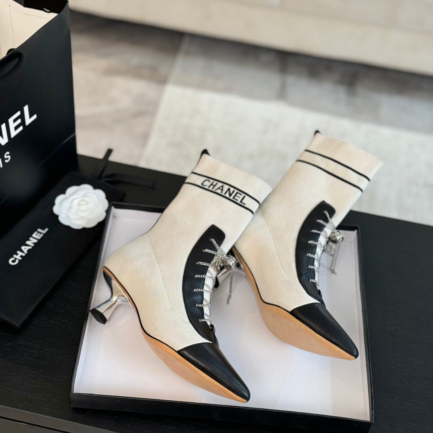 CC Ankle Boots White Black Chain Wool And Lambskin