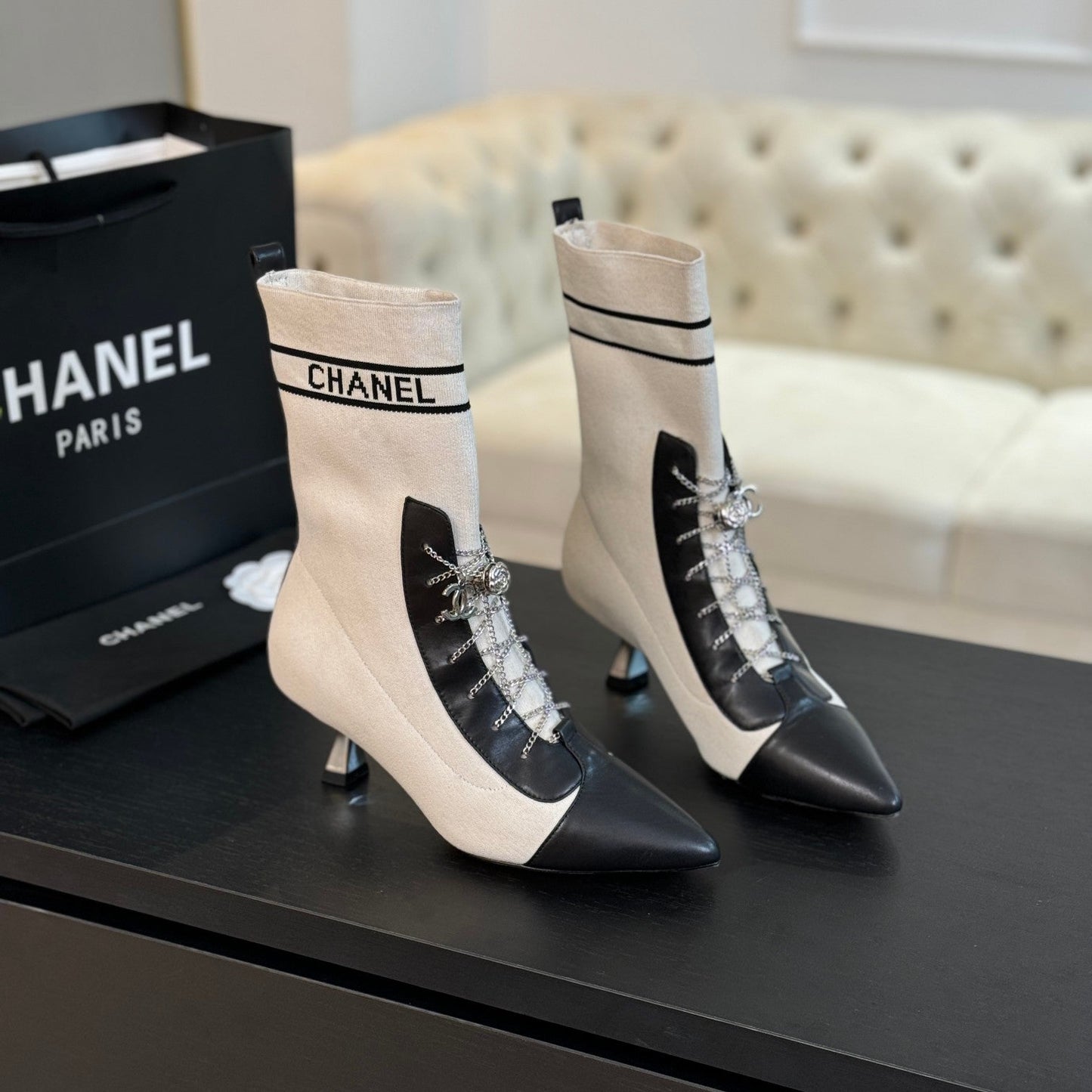 CC Ankle Boots White Black Chain Wool And Lambskin