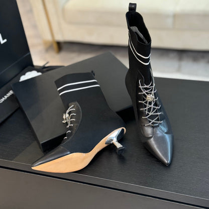 CC Ankle Boots Black Chain Wool And Lambskin