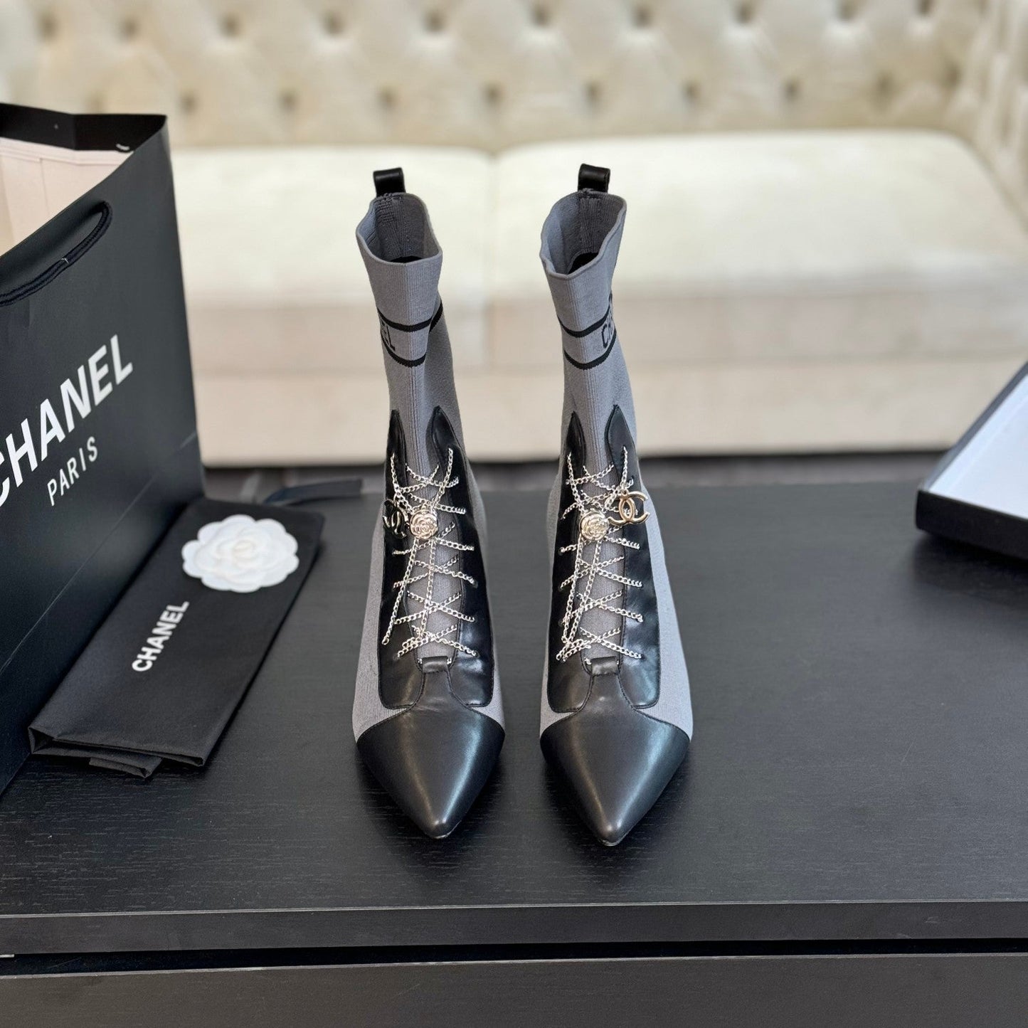 CC Ankle Boots Grey Black Chain Wool And Lambskin