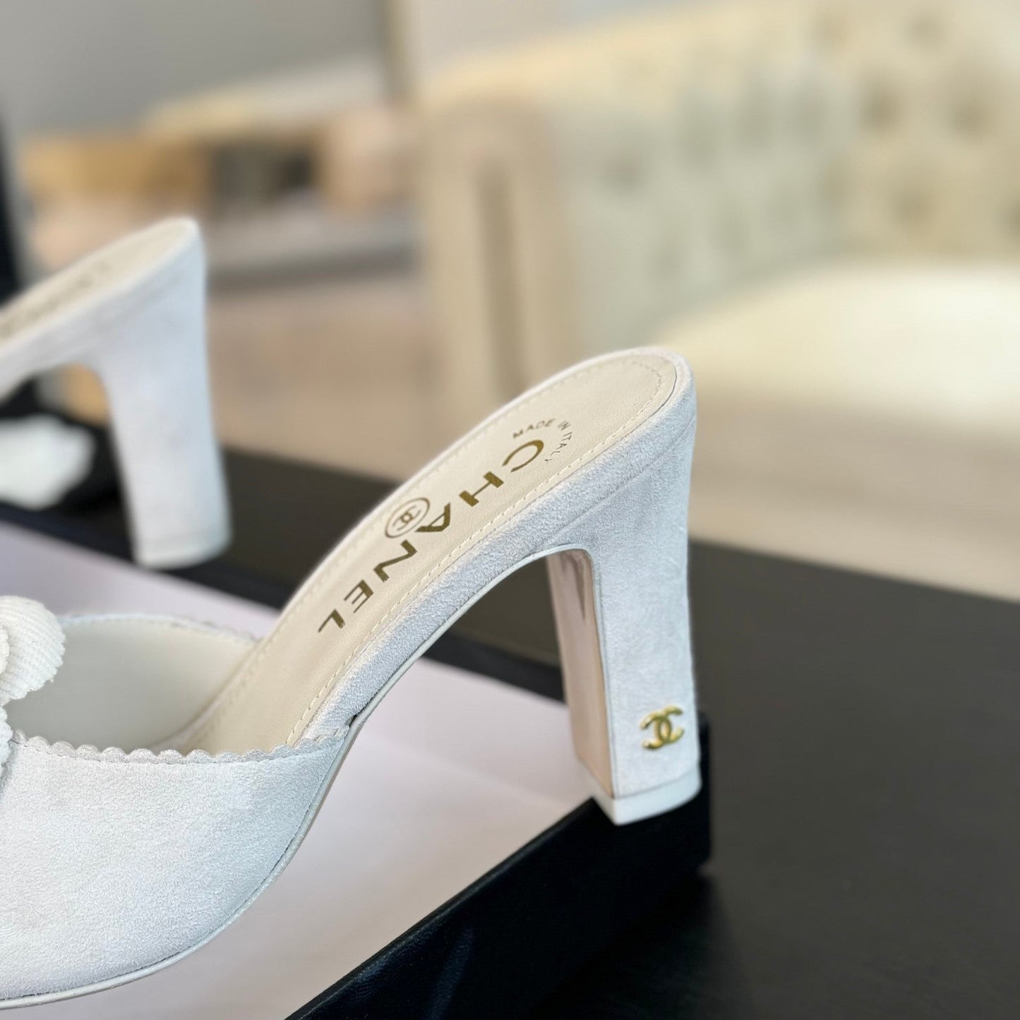 mule sandal flower high heel 80 white suede