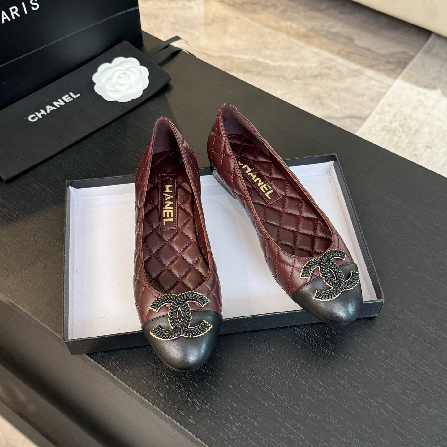ballet flat burgundy quilted lambskin large black cc logo
