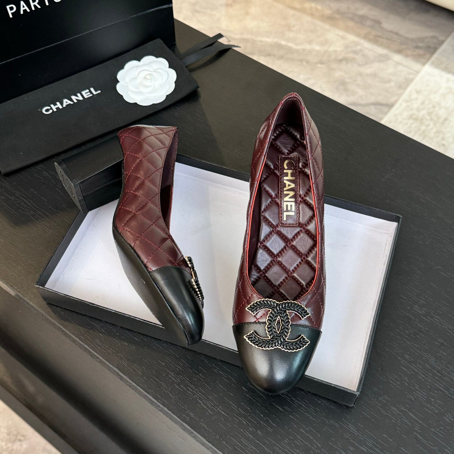 ballet flat with high heel 7cm burgundy black quilted lambskin