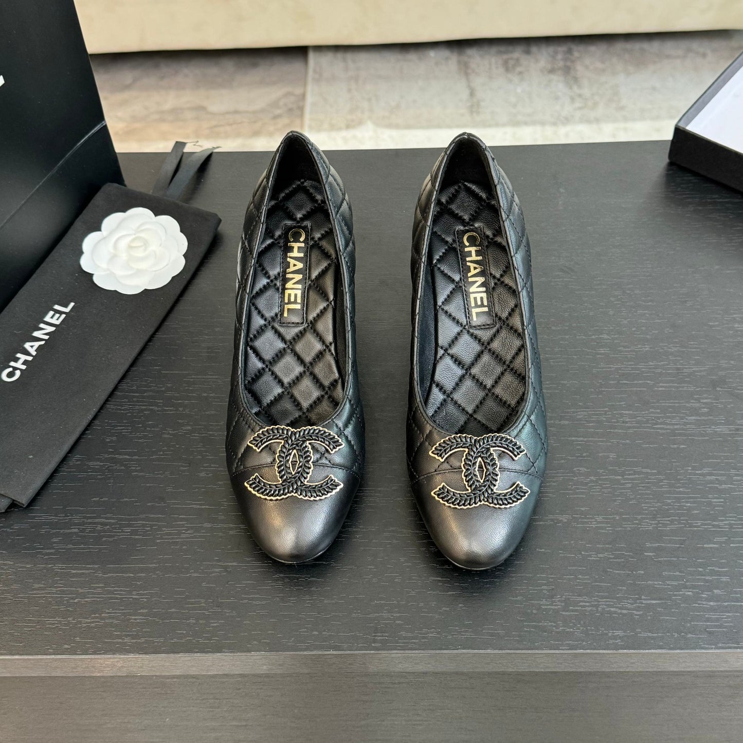 ballet flat with high heel 7cm black quilted lambskin