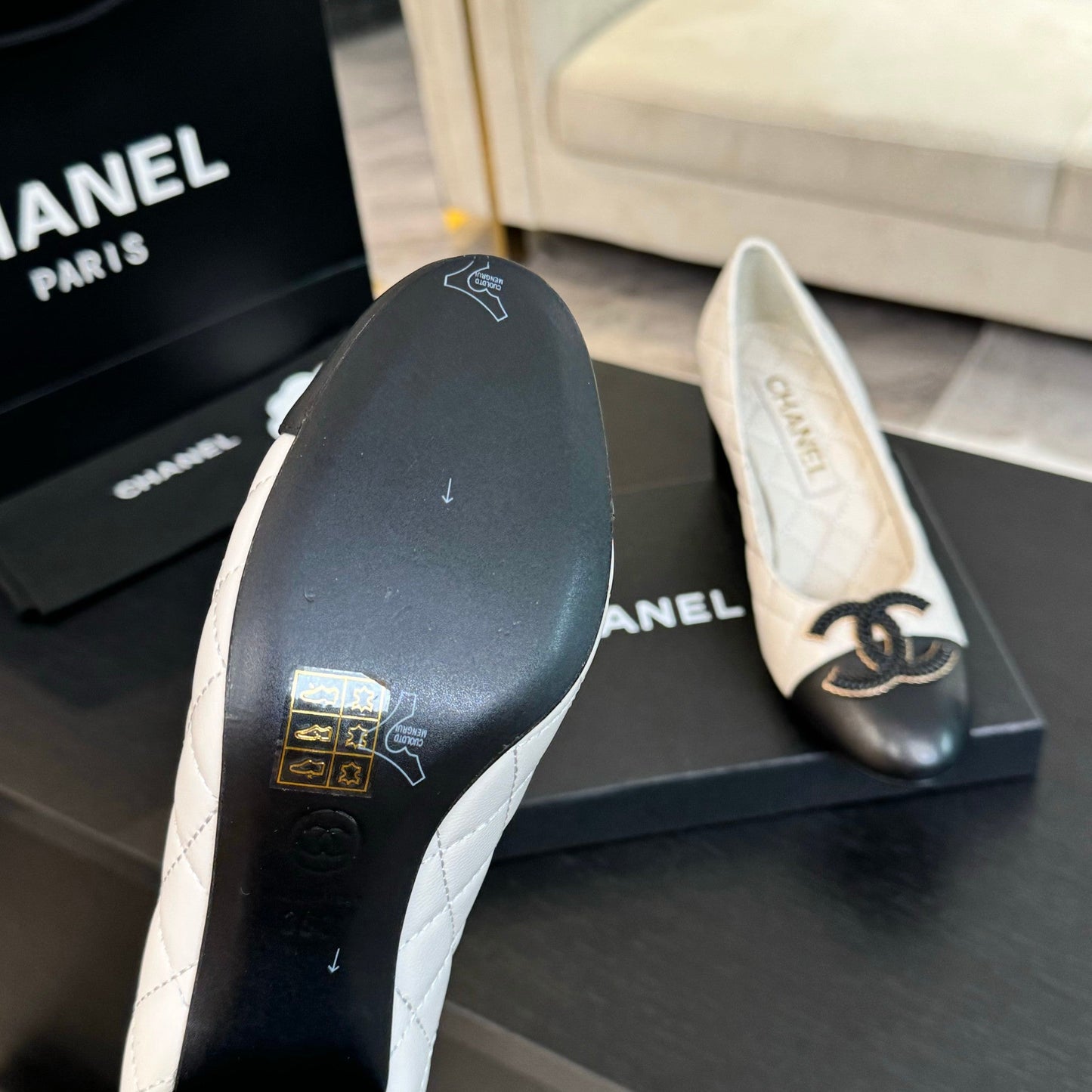 ballet flat with high heel 7cm white black quilted lambskin