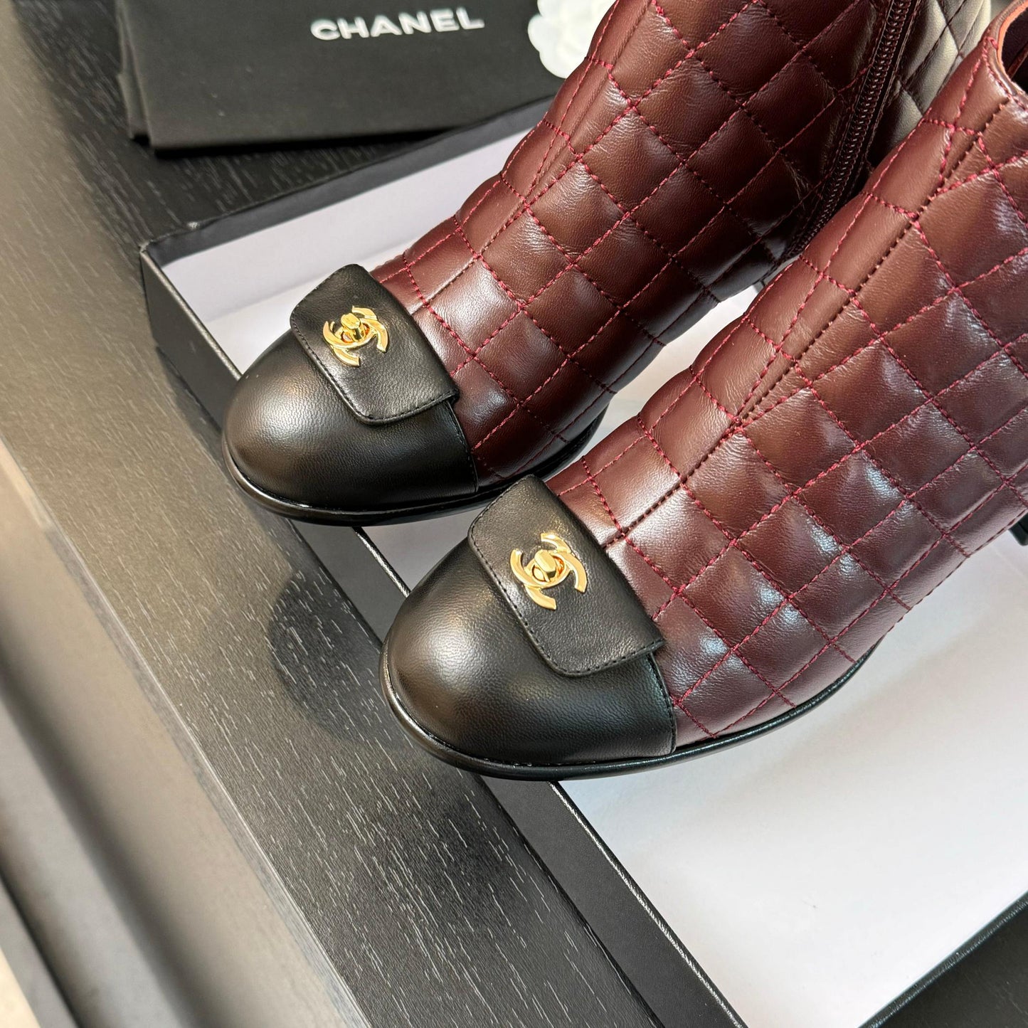 CC Ankle Boots 50mm Burgundy Black Quilted Lambskin