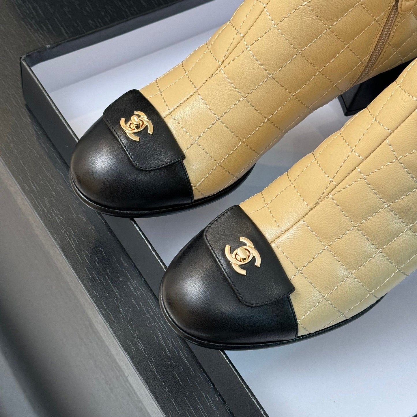 CC Ankle Boots 50mm Beige Black Quilted Lambskin