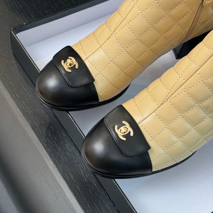 CC Ankle Boots 50mm Beige Black Quilted Lambskin