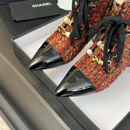CC Ankle Boots Orange Red Beaded Tweed Fabric And Lambskin