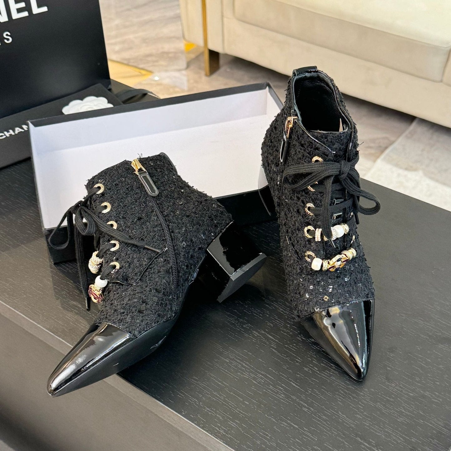 CC Ankle Boots Black Beaded Tweed Fabric And Lambskin