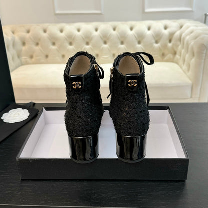 CC Ankle Boots Black Beaded Tweed Fabric And Lambskin