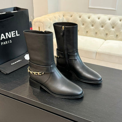 CC Short Boots 30mm Plain Black Chain Cowhide