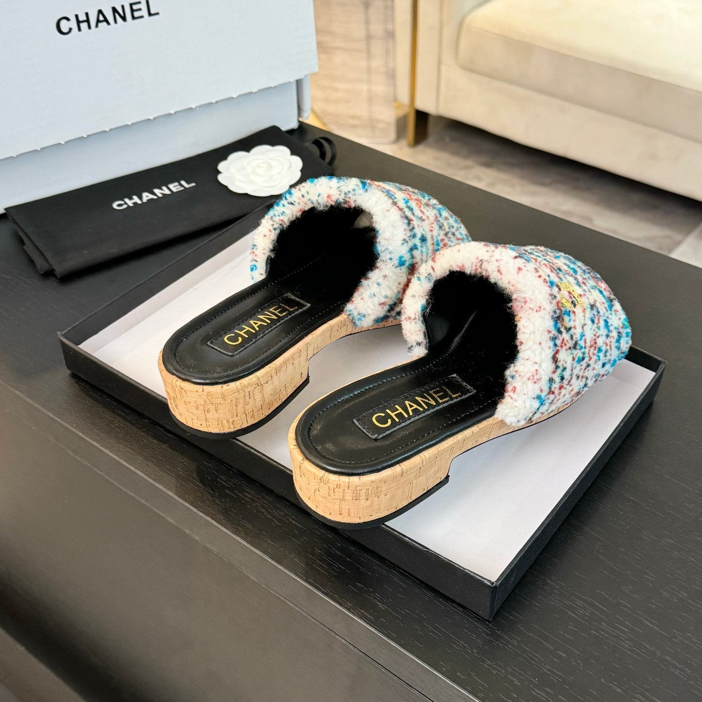 CC Slippers White Black And Blue Red Wool And Calfskin